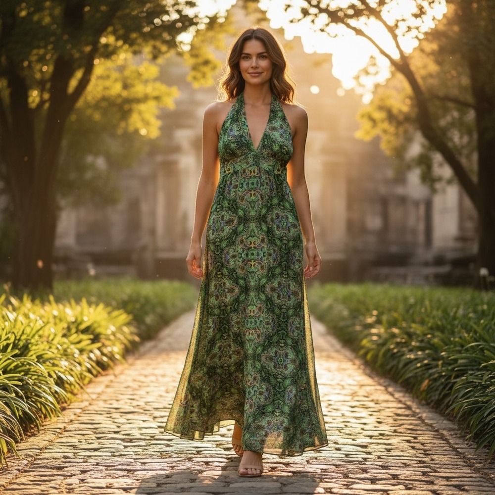 Earthbound Green Paisley Gold Metallic Halter Maxi Dress Med. Boho Whimsy Fairy